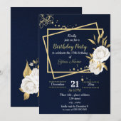 Invitation fête d'anniversaire bleu marine floral blanc et or (Devant / Derrière)