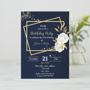 Invitation fête d'anniversaire bleu marine floral blanc et or