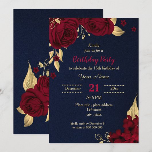 Invitation fête d'anniversaire bleu marine floral or bordeaux (Devant / Derrière)