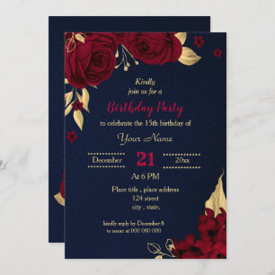Invitation fête d'anniversaire bleu marine floral or bordeaux