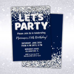 Invitation Fête d'anniversaire bleu marine paillettes argenté