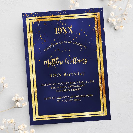 Invitation fête d'anniversaire bleu or année naissance luxe