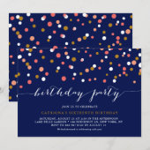 Invitation Fête d'anniversaire bleu points de confettis corai (Devant / Derrière)