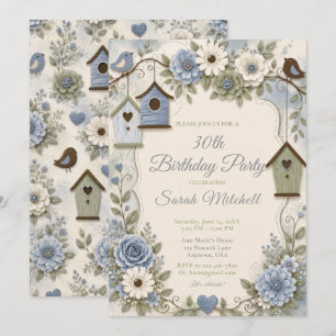 Invitation Fête d'anniversaire Bleu Poussiéreux et Vert Sauge
