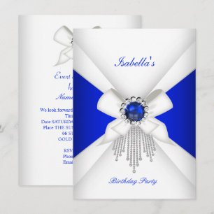 Invitation Fête d'anniversaire bleu royal blanc diamant perle
