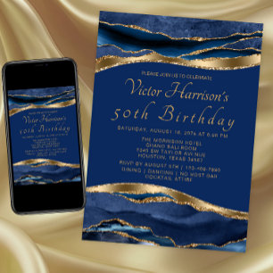 Invitation Fête d'anniversaire bleu royal et agate dorée pour