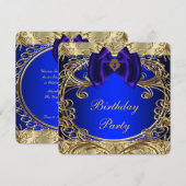 Invitation Fête d'anniversaire bleu royal et or (Devant / Derrière)