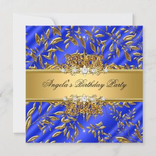 Invitation Fête d'anniversaire bleu royal Image de bijou doré
