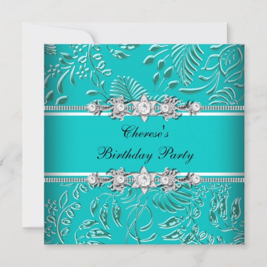 Invitation Fête d'anniversaire Bleu sarcelle Blanc Damassé Fl (Devant)