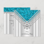Invitation Fête d'anniversaire Bleu sarcelle Blanc Paillettes (Devant / Derrière)