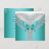 Invitation Fête d'anniversaire bleu sarcelle blanc papillon (Devant / Derrière)