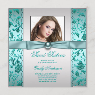 Invitation Fête d'anniversaire bleu sarcelle damassé Sweet Si