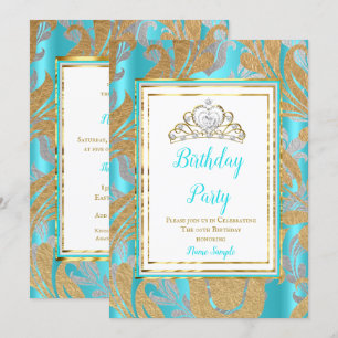 Invitation Fête d'anniversaire Bleu sarcelle Or Damassé Couro