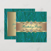 Invitation Fête d'anniversaire bleu sarcelle Paon et Or (Devant / Derrière)