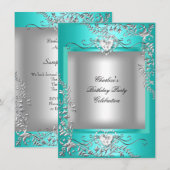 Invitation Fête d'anniversaire Bleu Turquoise Argent (Devant / Derrière)