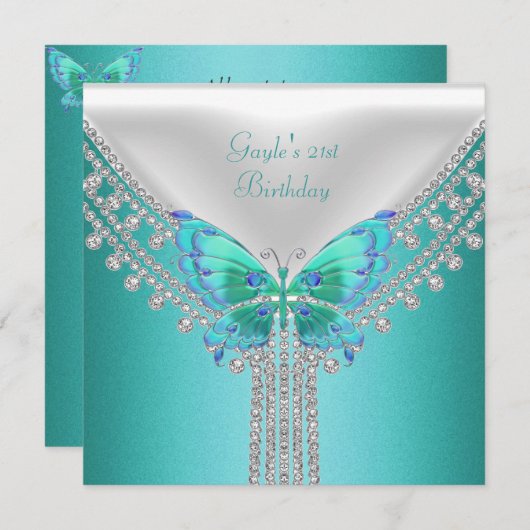 Invitation Fête d'anniversaire Bleu Turquoise Bleu Papillon b (Devant / Derrière)