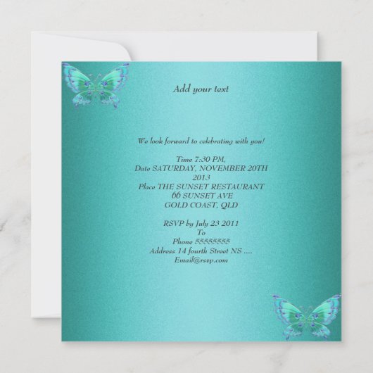 Invitation Fête d'anniversaire Bleu Turquoise Bleu Papillon b (Dos)