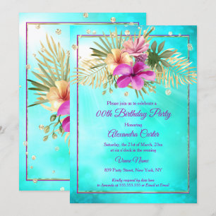 Invitation Fête d'anniversaire Bleu Turquoise Hibiscus Violet