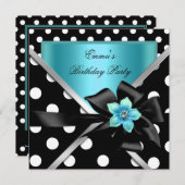 Invitation Fête d'anniversaire Bleu Turquoise Noir Pois (Devant / Derrière)