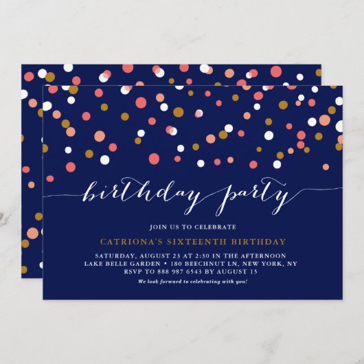 Invitation Fête d'anniversaire bleue aux points de confettis  (Devant / Derrière)