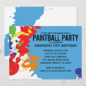 Invitation Fête d'anniversaire bleue de Paintball (Devant / Derrière)