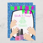 Invitation Fête d'anniversaire bleue de spa de manucure de (Devant / Derrière)