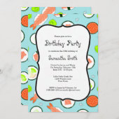 Invitation Fête d'anniversaire bleue de thème de sushi (Devant / Derrière)