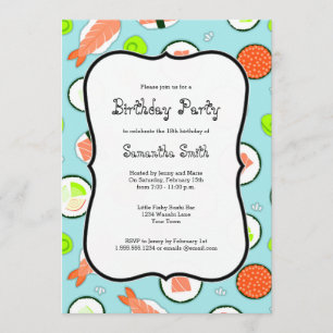 Invitation Fête d'anniversaire bleue de thème de sushi