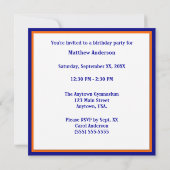 Invitation Fête d'anniversaire bleue et orange de basket-ball (Dos)