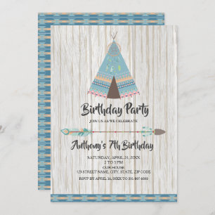 Invitation Fête d'anniversaire bleue tribale rustique de