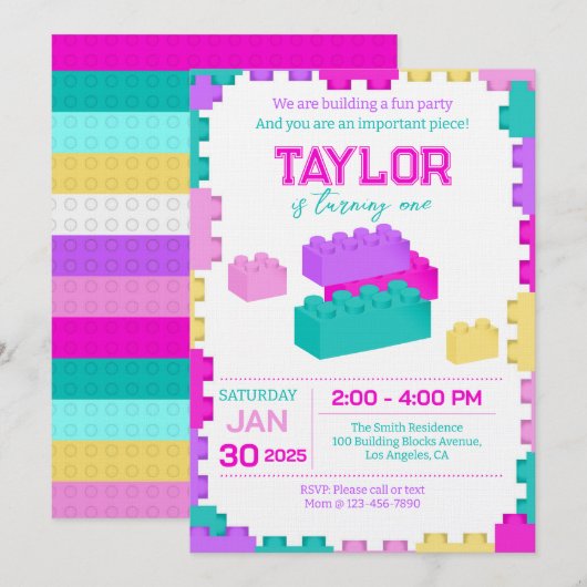 Invitation Fête d'anniversaire Blocs de construction Briques (Devant / Derrière)