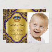Invitation Fête d'anniversaire Blue and Gold Prince (Devant / Derrière)