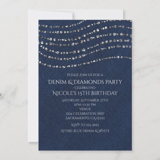 Invitation Fête d'anniversaire Blue Denim & Diamonds Sparkle  (Devant)