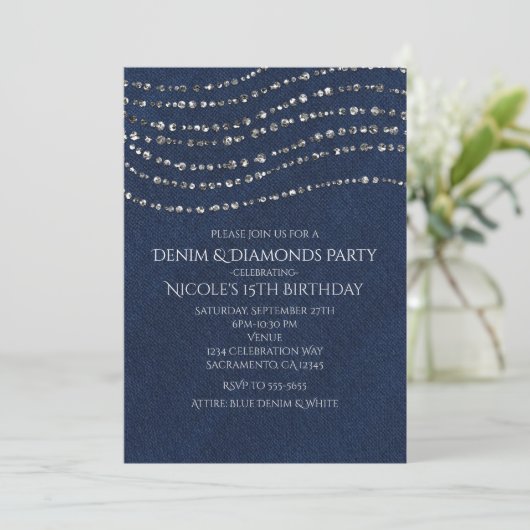 Invitation Fête d'anniversaire Blue Denim & Diamonds Sparkle  (Debout devant)