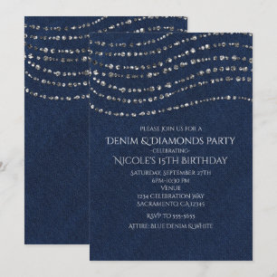 Invitation Fête d'anniversaire Blue Denim & Diamonds Sparkle 