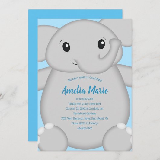 Invitation Fête d'anniversaire Blue Elephant (Devant / Derrière)