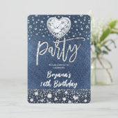 Invitation Fête d'anniversaire Blue Jean Denim & Bling Diamon (Debout devant)