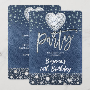Invitation Fête d'anniversaire Blue Jean Denim & Bling Diamon