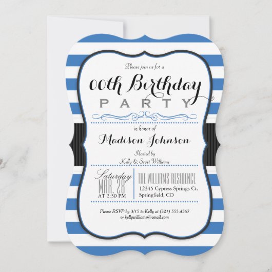 Invitation Fête d'anniversaire Blue & White Stripes (Devant)