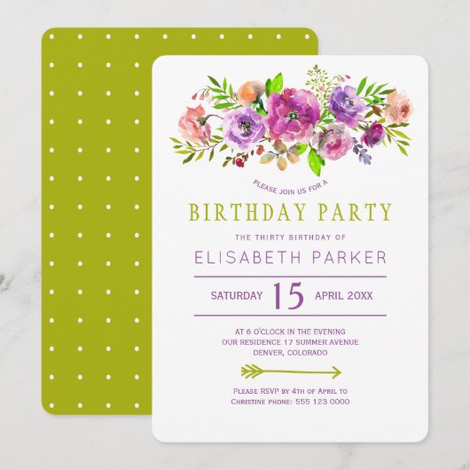 Invitation Fête d'anniversaire bohème florale rustique verte (Devant / Derrière)