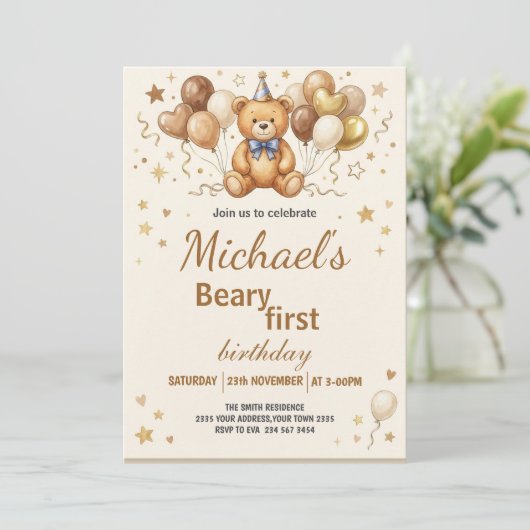 Invitation Fête d'anniversaire Boho Teddy Bear Beary premier (Debout devant)