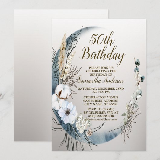 Invitation Fête d'anniversaire Boho White Orchid Fleurs Blue (Devant / Derrière)