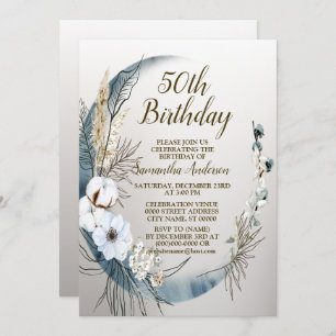 Invitation Fête d'anniversaire Boho White Orchid Fleurs Blue