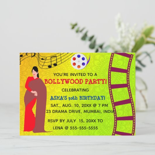 Invitation Fête d'anniversaire Bollywood modifiable (Debout devant)