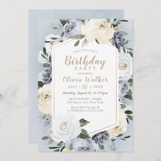 Invitation Fête d'anniversaire botanique bleu poussiéreux (Devant / Derrière)