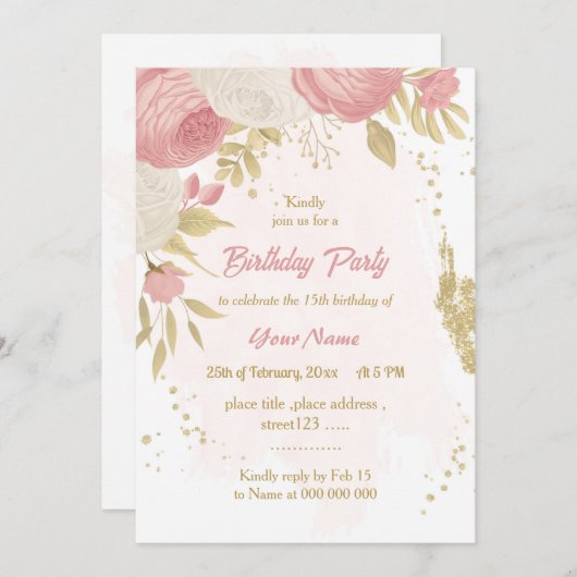 Invitation fête d'anniversaire botanique en or rose et blanc (Devant / Derrière)