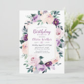 Invitation Fête d'anniversaire botanique violet fleuri (Debout devant)