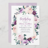Invitation Fête d'anniversaire botanique violet fleuri (Devant / Derrière)