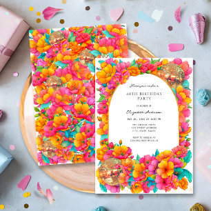 Invitation Fête d'anniversaire boule disco florale rose vif o