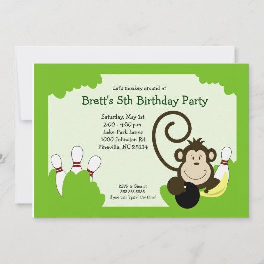 Invitation Fête d'anniversaire Bowling Bowl Singe 5x7 (Devant)
